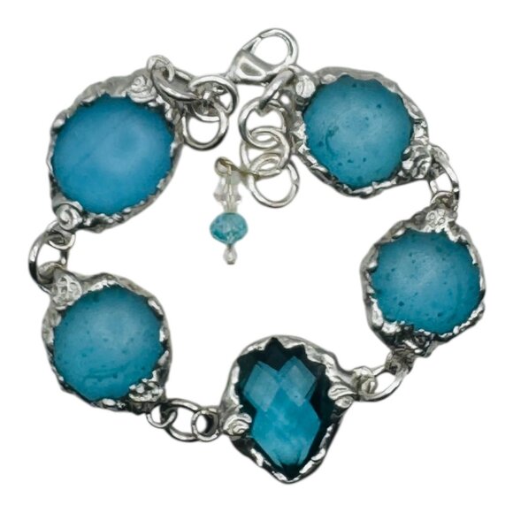 Artisan Crafted Sea Glass Cabochons Bracelet & Faceted Crystal Accent 9.5" - Picture 3 of 12